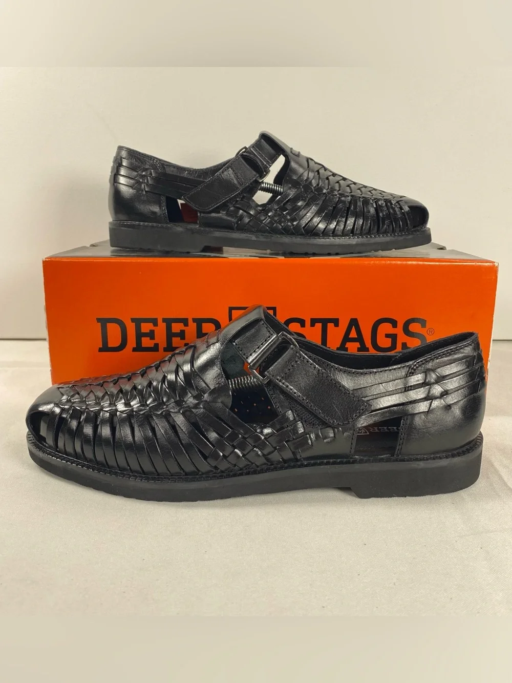 Deer Stags Bamboo 2 Mens 9 M Black Woven Leather Adjustable Strap Loafers